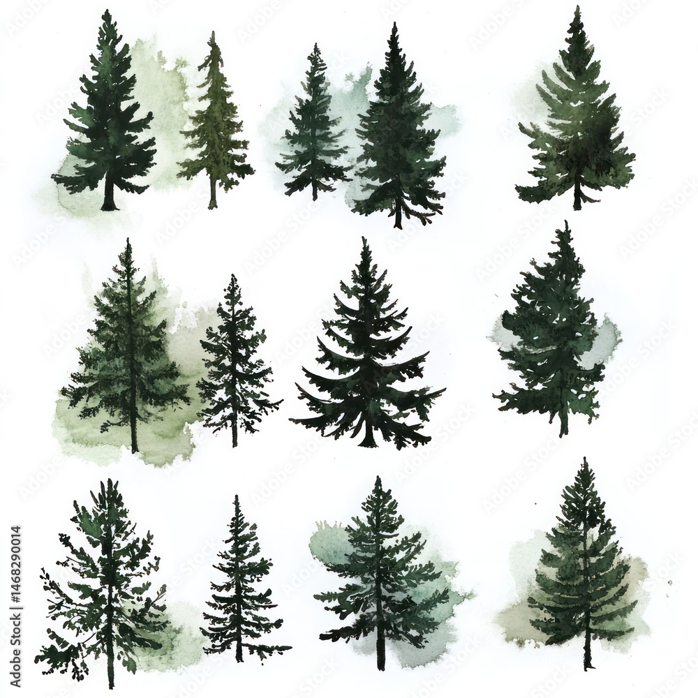 Fototapeta premium Seamless pattern of various hand drawn evergreen trees like pine spruce and fir in a lush watercolor style nature background Can be used for wallpapers textile prints packaging