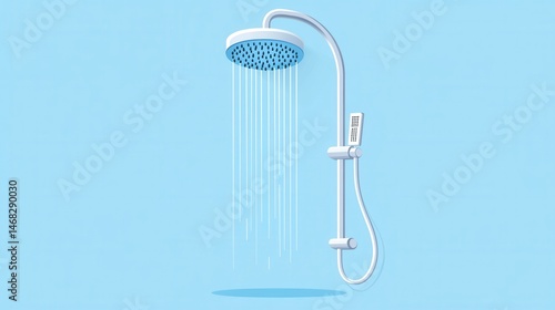 Modern Shower Head with Water Flow over Bright Blue Background