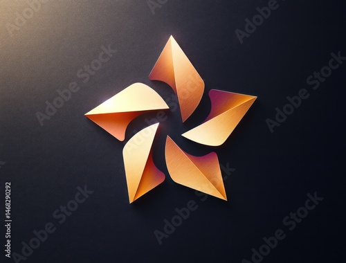 Abstract five-petal metallic flower shape with curved petals in warm gold and copper tones on a dark textured background