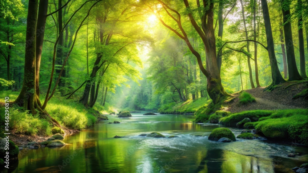 Obraz premium A serene forest scene with lush green leaves