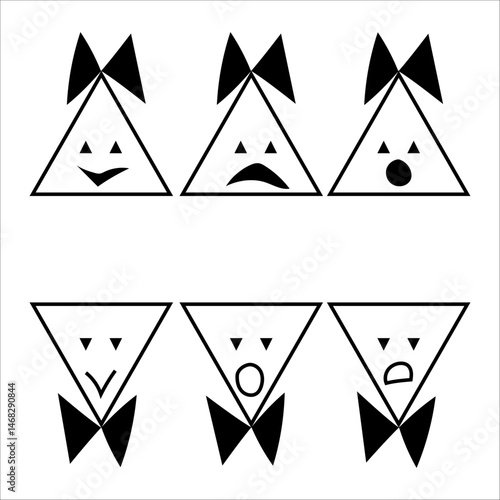 Triangle face icons. Geometric emotive symbols. Black and white design. Minimal expression elements.