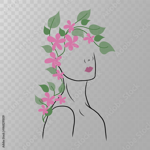 Floral woman outline. Elegant female silhouette. Nature inspired art. Transparent background.