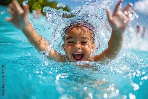 joyful child splashing water with arms raised in bright outdoor swimming pool on sunny day
