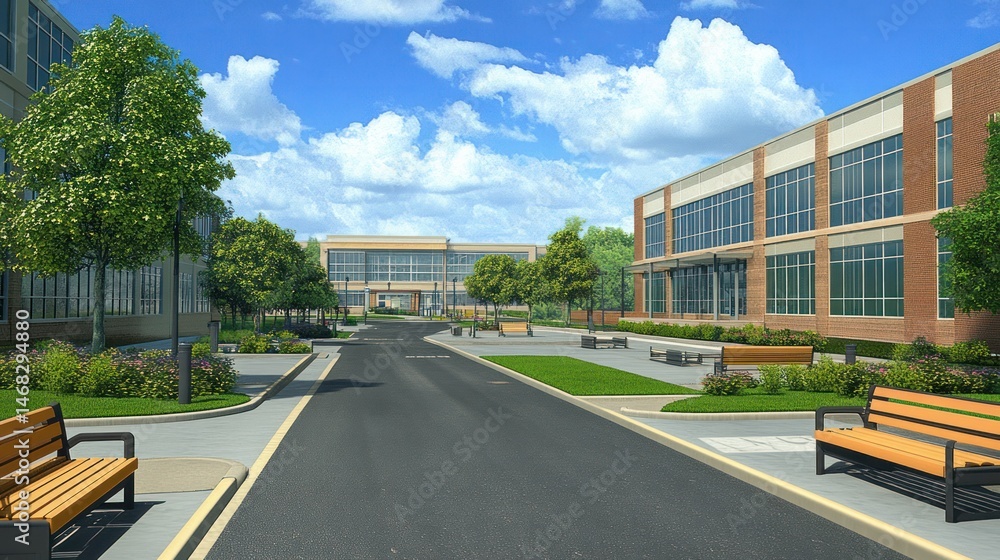 Fototapeta premium Modern Office Campus Landscape Under Sunny Sky