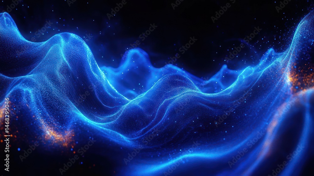 Obraz premium Abstract digital waves glowing in blue with scattered orange particles on a dark background creating a futuristic and mysterious atmosphere