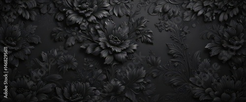 Wallpaper Mural Deep black floral wallpaper; intricate design, embossed texture , photography, home Torontodigital.ca