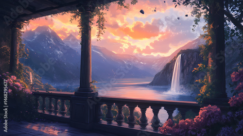 Scenic lakeside balcony view with waterfall. [Celestial Drift] | Meteoric Ascent | falling stone. Illustration