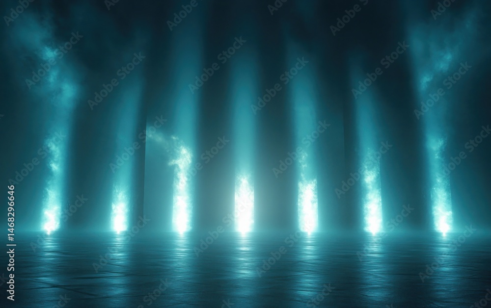 Fototapeta premium Glowing blue vertical light beams shining intensely from floor through mist in a dark spacious environment creating a mysterious and futuristic atmosphere