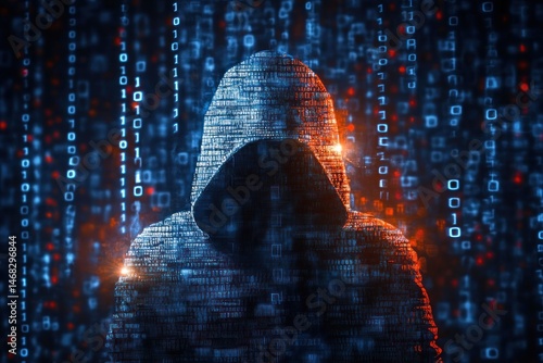 Dark hooded figure composed of digital code surrounded by glowing binary numbers in a dark blue and orange cyber environment symbolizing hacking or cybersecurity threat