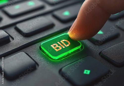 Close-up of a finger pressing a glowing green key labeled BID on a black keyboard symbolizing online bidding or auction participation
