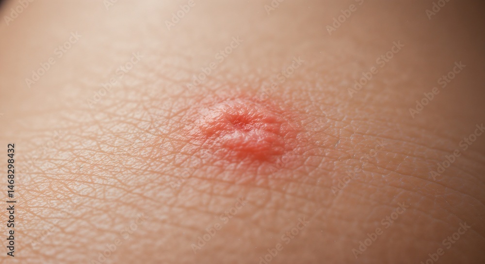 Fototapeta premium Close-up of a child's skin after a mosquito bite showing an irritated red bump on the surface