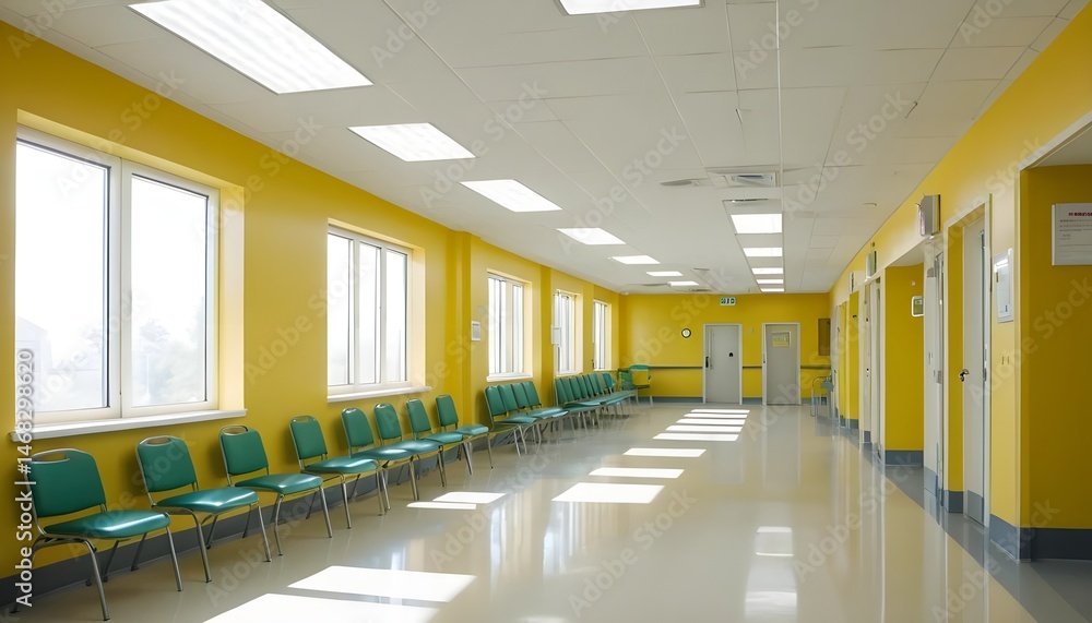 Obraz premium Empty Hospital Corridor with Yellow Walls and Green Chairs