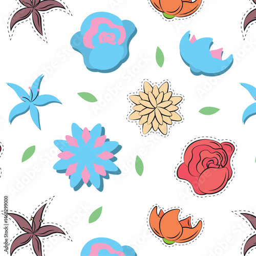 Floral pattern with cute stickers. Vector