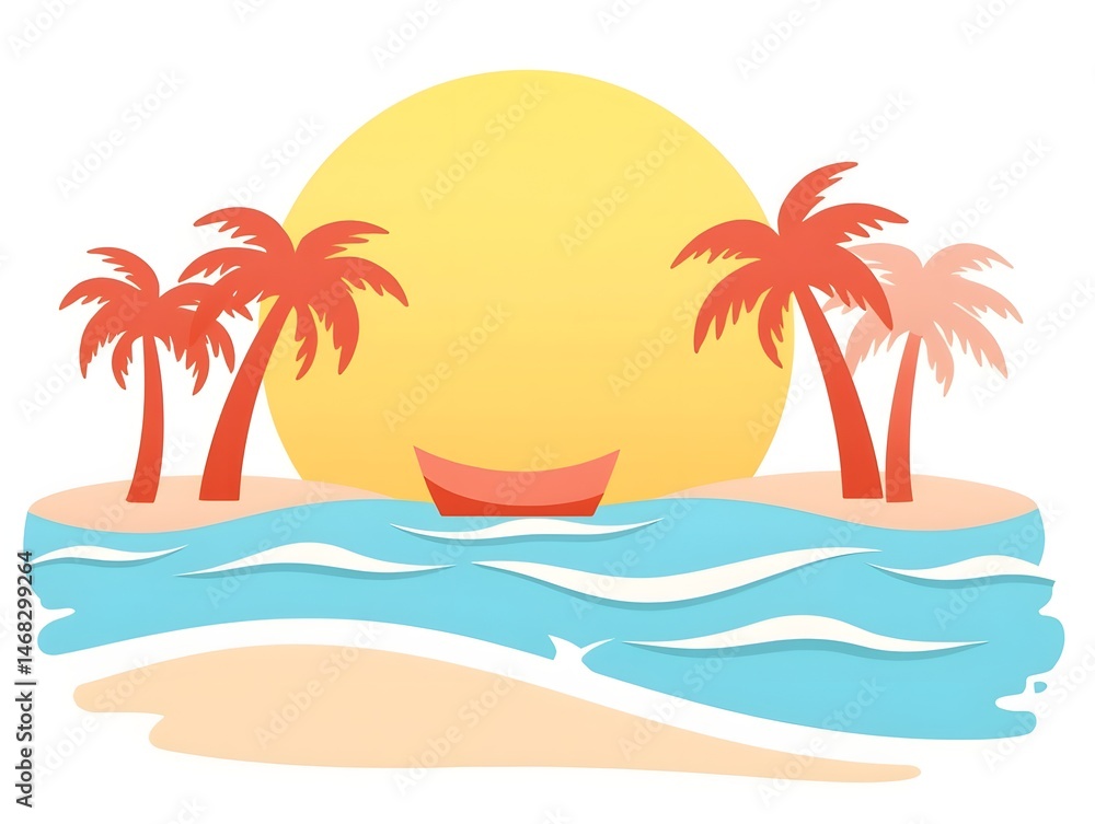 Summer Beach Sunset Line Icon Set with Palm Trees, Boat and Ocean Waves - Colored and Outline Style Silhouette Illustration Summer Beach Sunset Line Icon Set with Palm Trees, Boat and Ocean Waves - Colored and Outline Style Silhouette Illustration