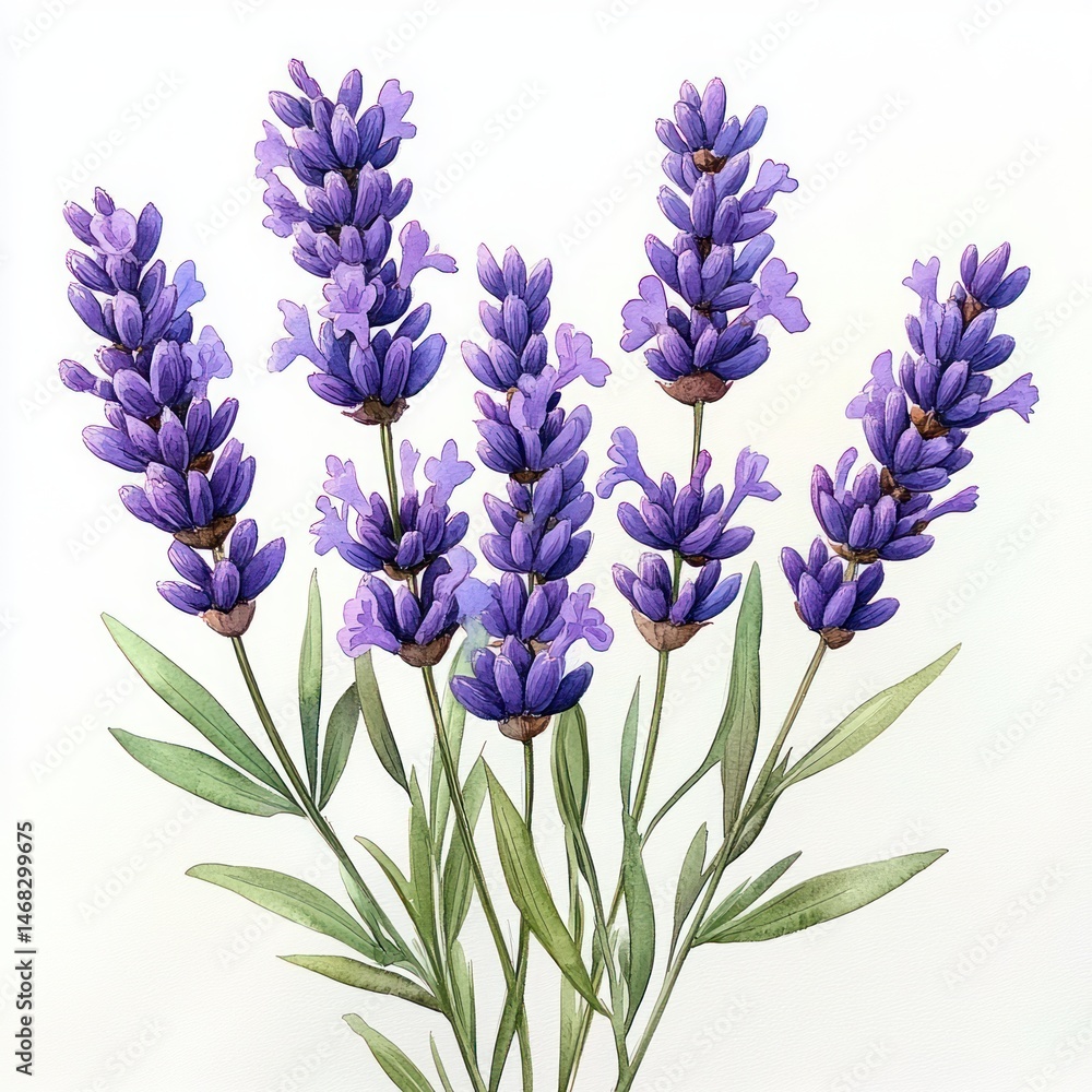 Obraz premium Detailed watercolor painting of a vibrant lavender bouquet with purple flowers and green leaves on a white background