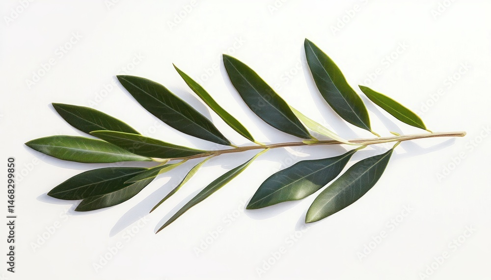 Obraz premium Single olive branch with elongated dark green leaves casting soft shadows on white background symbolizing simplicity and natural beauty