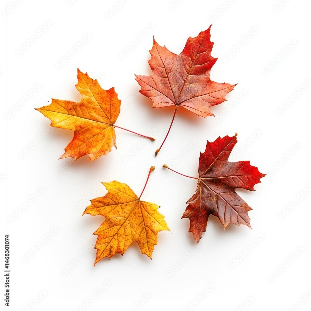 Fototapeta premium Arrangement of Beautifully Colored Autumn Maple Leaves on a Clean White Background Capturing the Essence of the Changing Seasons