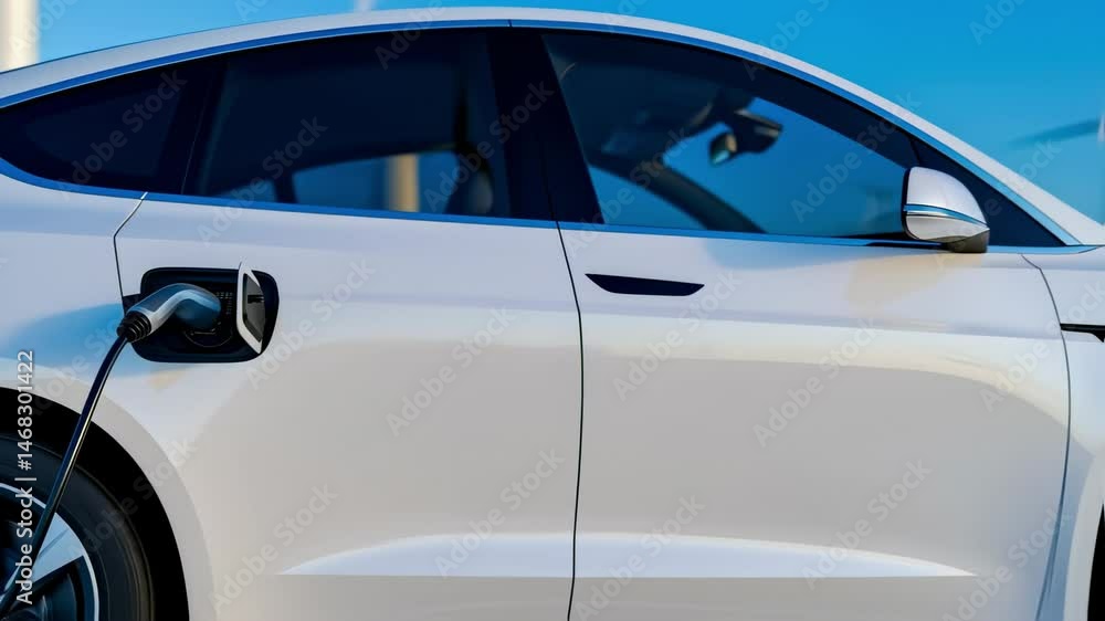 Sleek White Electric Vehicle Charging, Close-up Detail Sleek White Electric Vehicle Charging, Close-up Detail