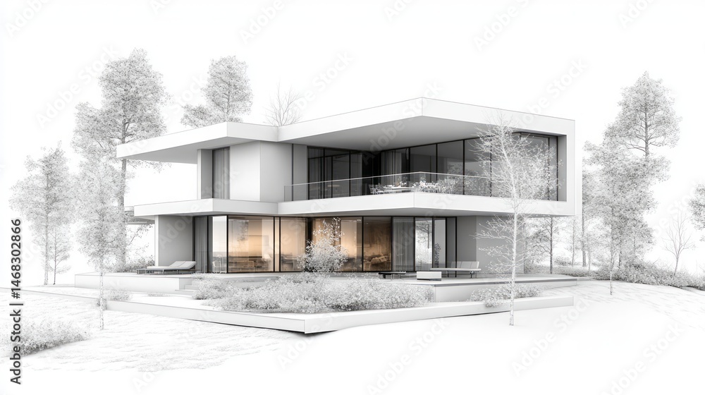 Modern house architectural design sketch in a wooded setting. Modern house architectural design sketch in a wooded setting.
