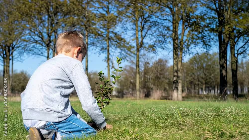 Child planting small tree with wind turbines in background, environmental stewardship, clean energy future theme Child planting small tree with wind turbines in background, environmental stewardship, clean energy future theme