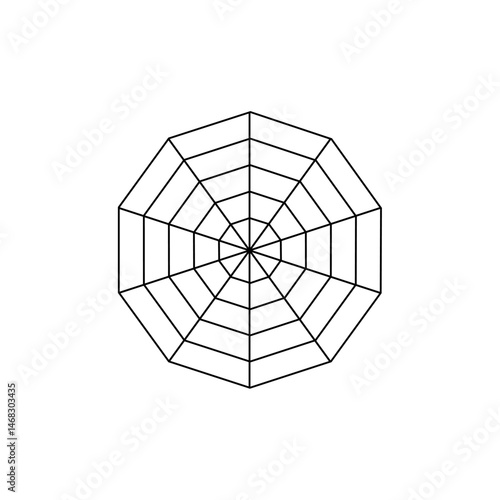 Radar or spider diagram template. Pentagon, Hexagon, Heptagon, Octagon, Nonagon, Decagon. Flat spider mesh. Blank radar charts. Kiviat Statistic and analitic.
