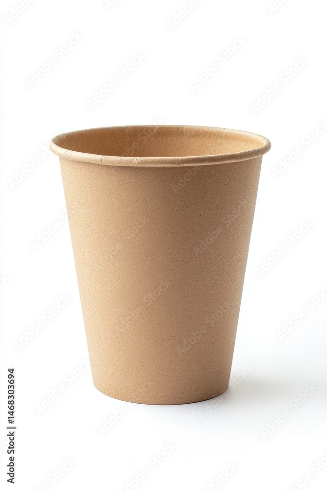Beige disposable paper cup, simple and plain. A single, round, short cup, light beige color, against a plain white background. Made of a sturdy paper material Beige disposable paper cup, simple and plain. A single, round, short cup, light beige color, against a plain white background. Made of a sturdy paper material