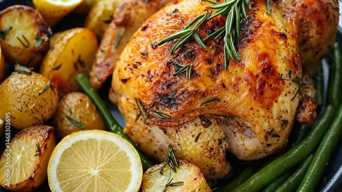 Delicious Roasted Chicken with Golden Potatoes, Green Beans and a Lemon Slice