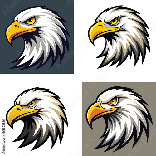 Set of fierce bald eagle head mascot illustrations with sharp yellow beak and intense eyes in vector cartoon style