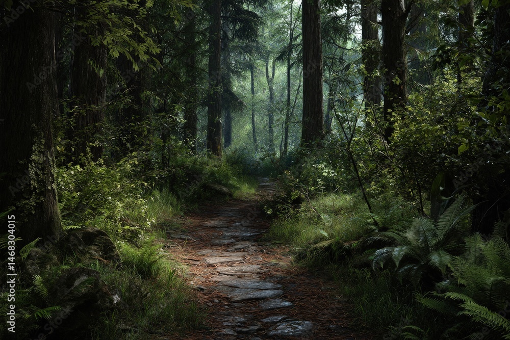 Fototapeta premium Mysterious forest path. Stone path winding through lush green forest. Tranquil and serene nature scene.