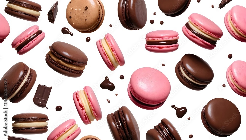 Fototapeta premium Flying Macarons with Chocolate Drizzle