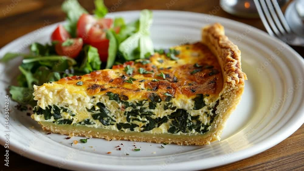 Delicious slice of spinach and ricotta quiche served with fresh garden salad Delicious slice of spinach and ricotta quiche served with fresh garden salad