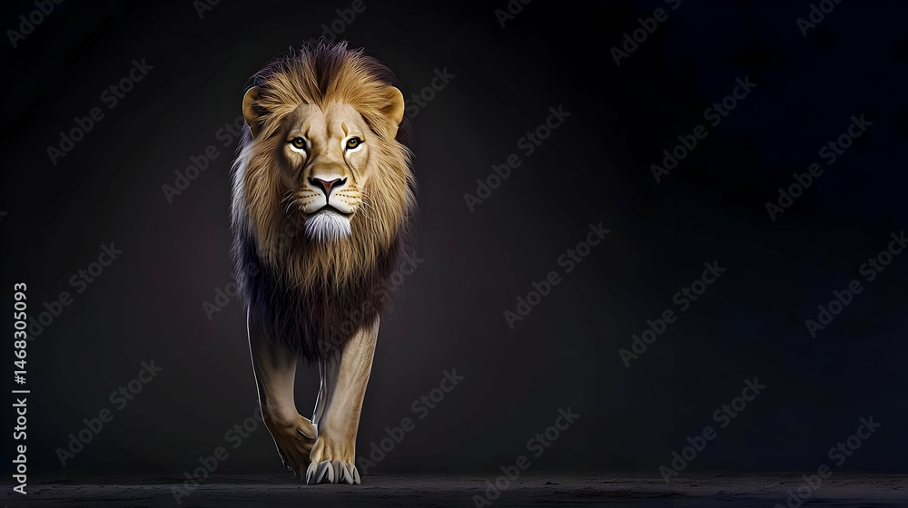 Fototapeta premium Powerful Lion Walking In Dark Studio Setting