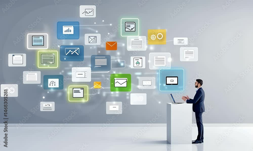 Tech presentation, icons floating around Tech presentation, icons floating around