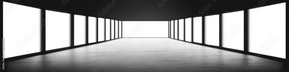 Empty dark interior space with large bright rectangular windows lining both walls creating a strong contrasting light effect and a sense of depth Empty dark interior space with large bright rectangular windows lining both walls creating a strong contrasting light effect and a sense of depth