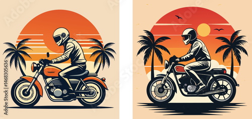 Motorcyclists ride in tandem against a vibrant orange sunset backdrop with palm trees