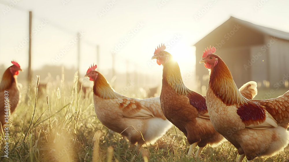 Fototapeta premium Brown Chickens On Farmland at Sunrise
