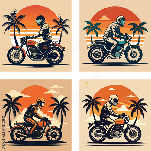 Motorcyclists riding on a tropical beach at sunset with palm trees in the background