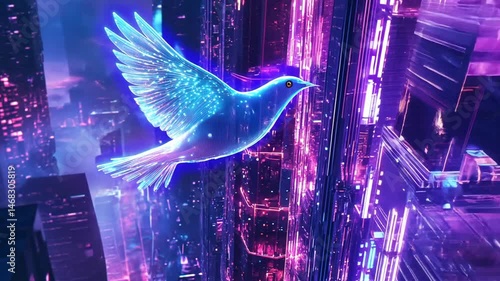 Cybernetic avian flight over urban grid a blend of nature and futuristic technology