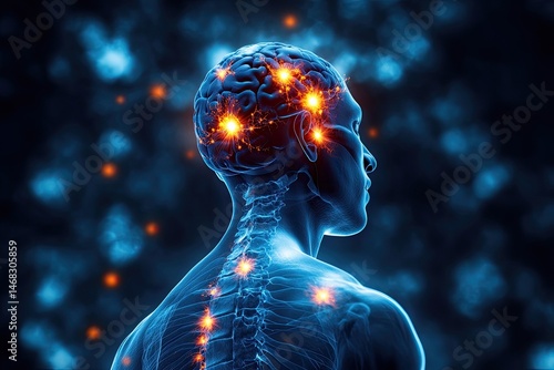 An anatomical illustration of neurological activity in the human head and spine.