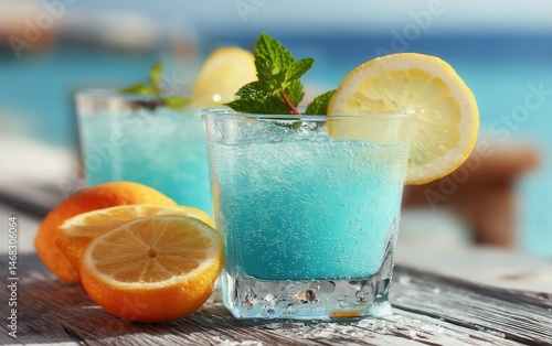 Two glasses of blue beverage garnished with lemon slices and fresh mint on a white surface.