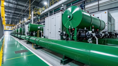 Green hydrogen fuel cell plant with modern infrastructure, renewable energy technology, clean industrial concept