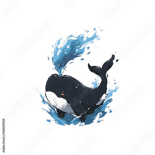 Cartoon whale spouting water, joyfully breaching the ocean's surface with playful energy. Cute marine life.