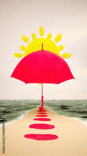 Obraz na płótnie Red umbrella on sandy beach under a bright yellow sun, clear sky, daytime summer scene. w salonie