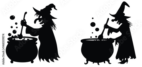 Silhouettes of Witches Stirring Cauldrons with Bubbling Potions - Halloween Witchcraft Illustration Set
