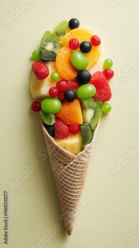 Fresh fruit cone on wooden table with natural light, minimalist background, daytime kitchen setting.