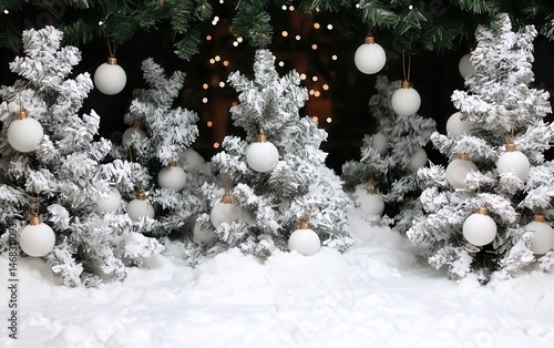 Multiple green Christmas trees decorated with white ornaments, set indoors with soft lighting.