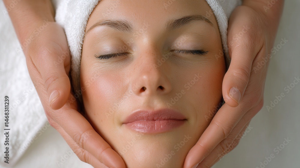Person receiving a relaxing facial massage with a white towel wrapped around head in a bright spa setting.