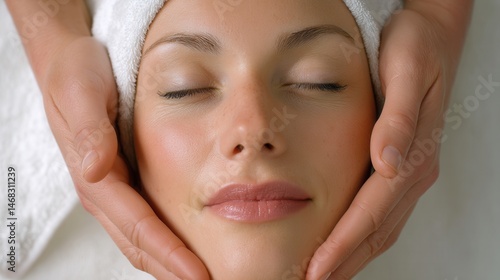 Obraz na płótnie Person receiving a relaxing facial massage with a white towel wrapped around head in a bright spa setting. w salonie