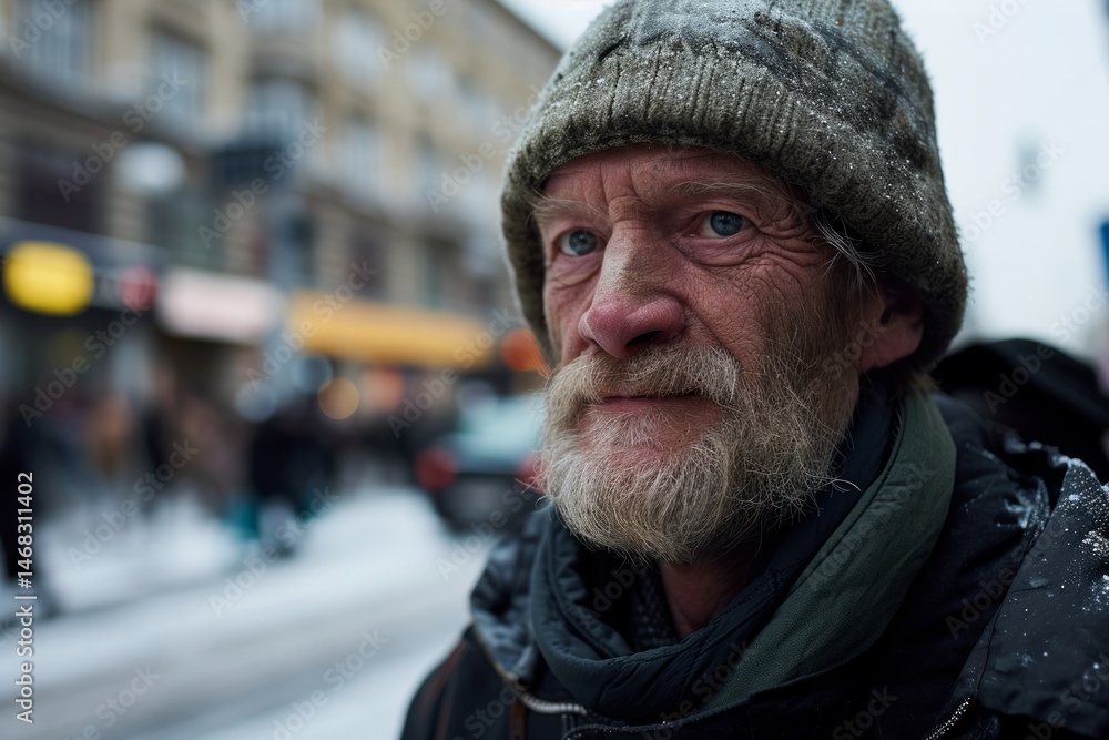 Portrait of an old man with a gray beard and mustache on a city street