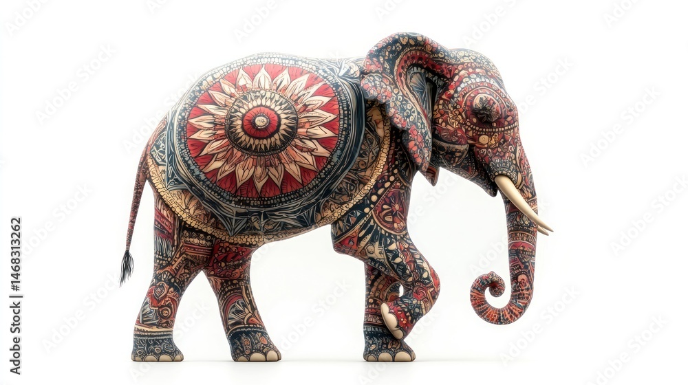 Obraz premium Ornate Carved Elephant Figurine with Vibrant Oriental Patterns and Intricate Detailing Handcrafted Traditional Asian Artcraft